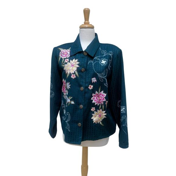 Alex Kim Shirt Jacket Sz PL Blue Floral Embroidered Button Up Boho Western Artsy - Picture 2 of 10